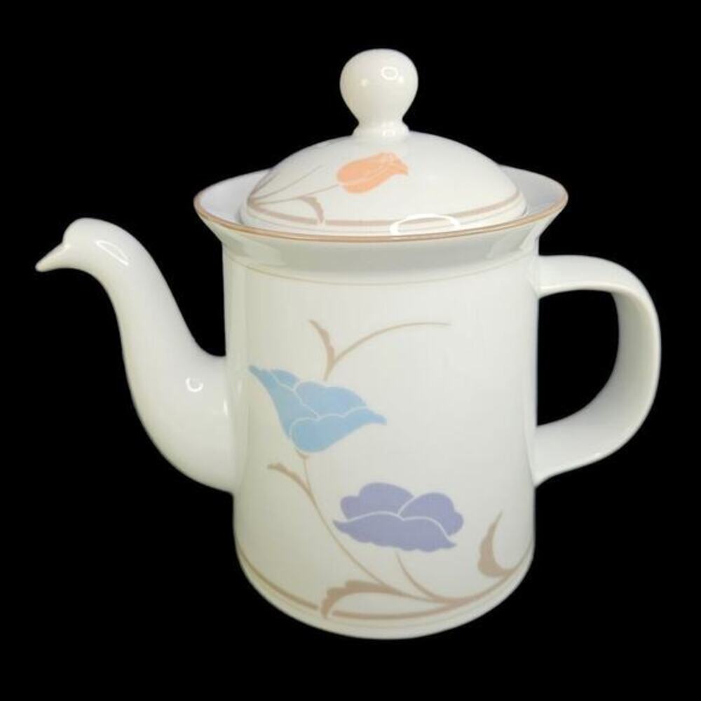 Dansk Teapot Tivoli Belles Fleurs Taupe Peach and Blue Flowers 1985 Vtg READ
